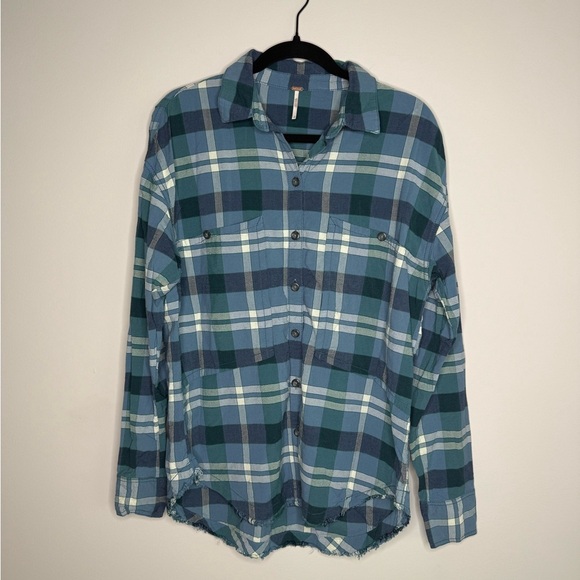 Free People Loveland Plaid Button Down Shirt in the color Winter Sea - Picture 2 of 8